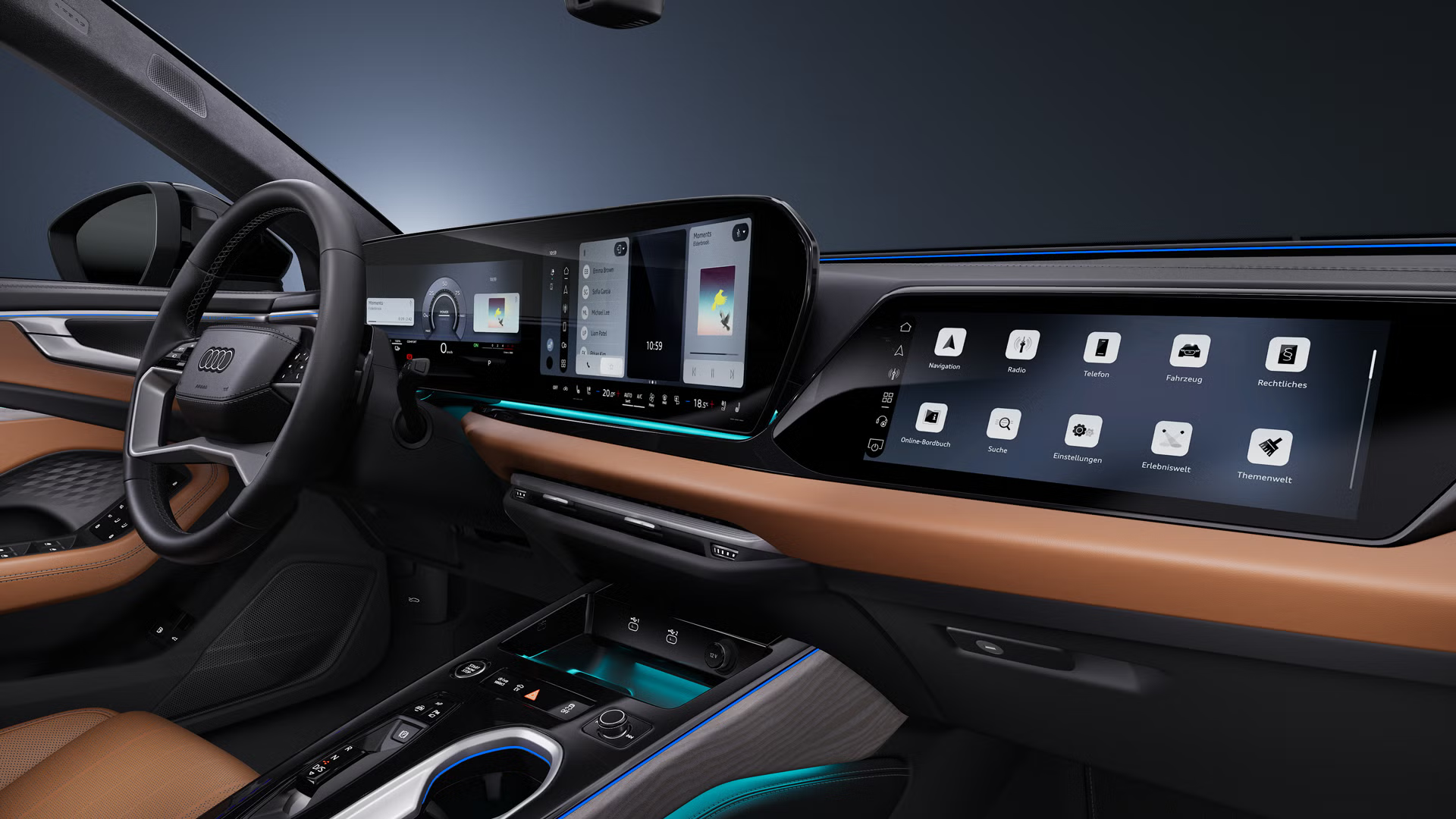Seitliche Nahaufnahme des Cockpits des Audi A6 allroad mit Fokus auf das Lenkrad, die digitalen Displays und die Mittelkonsole.