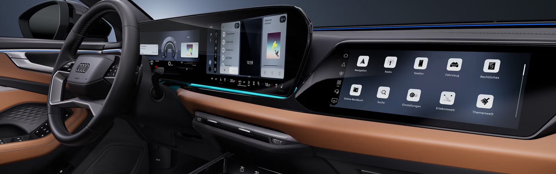 Seitliche Nahaufnahme des Cockpits des Audi A6 allroad e-hybrid mit Fokus auf das Lenkrad und die digitalen Displays.
