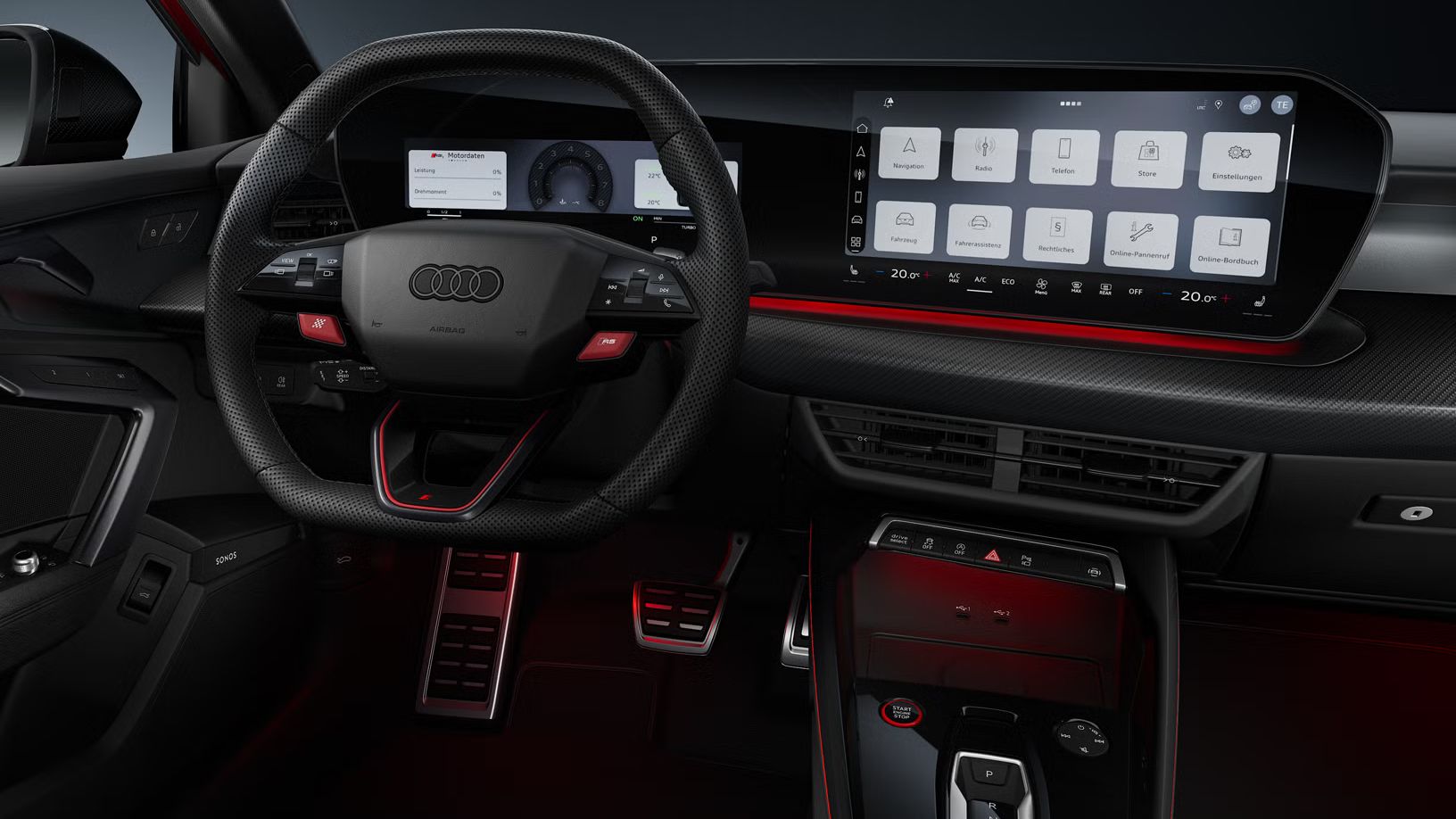 Frontale Sicht auf das Sportkonturlenkrad und das geschwungene Panoramadisplay in der Audi RS 3 Limousine.