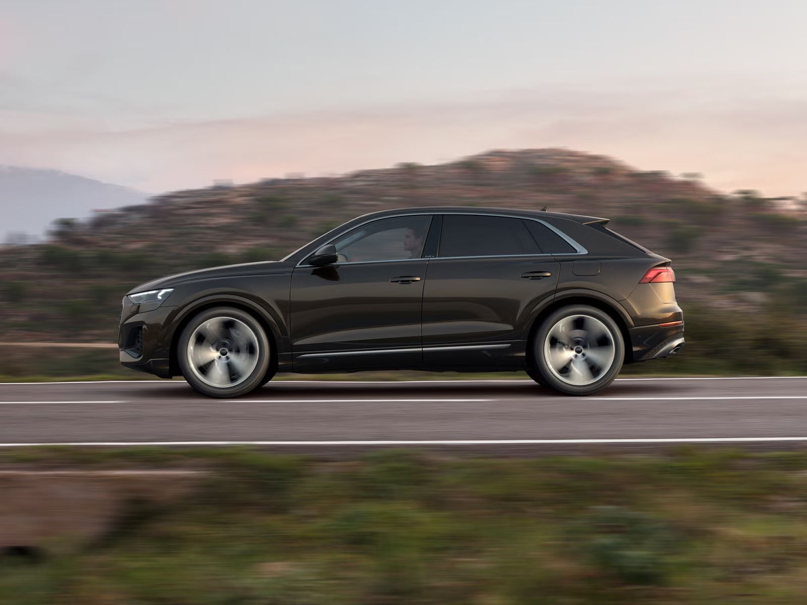 Der Q8 SUV e-hybrid von der Seite in voller Fahrt auf einer Landstraße, im Hintergrund eine bergige Landschaft.
