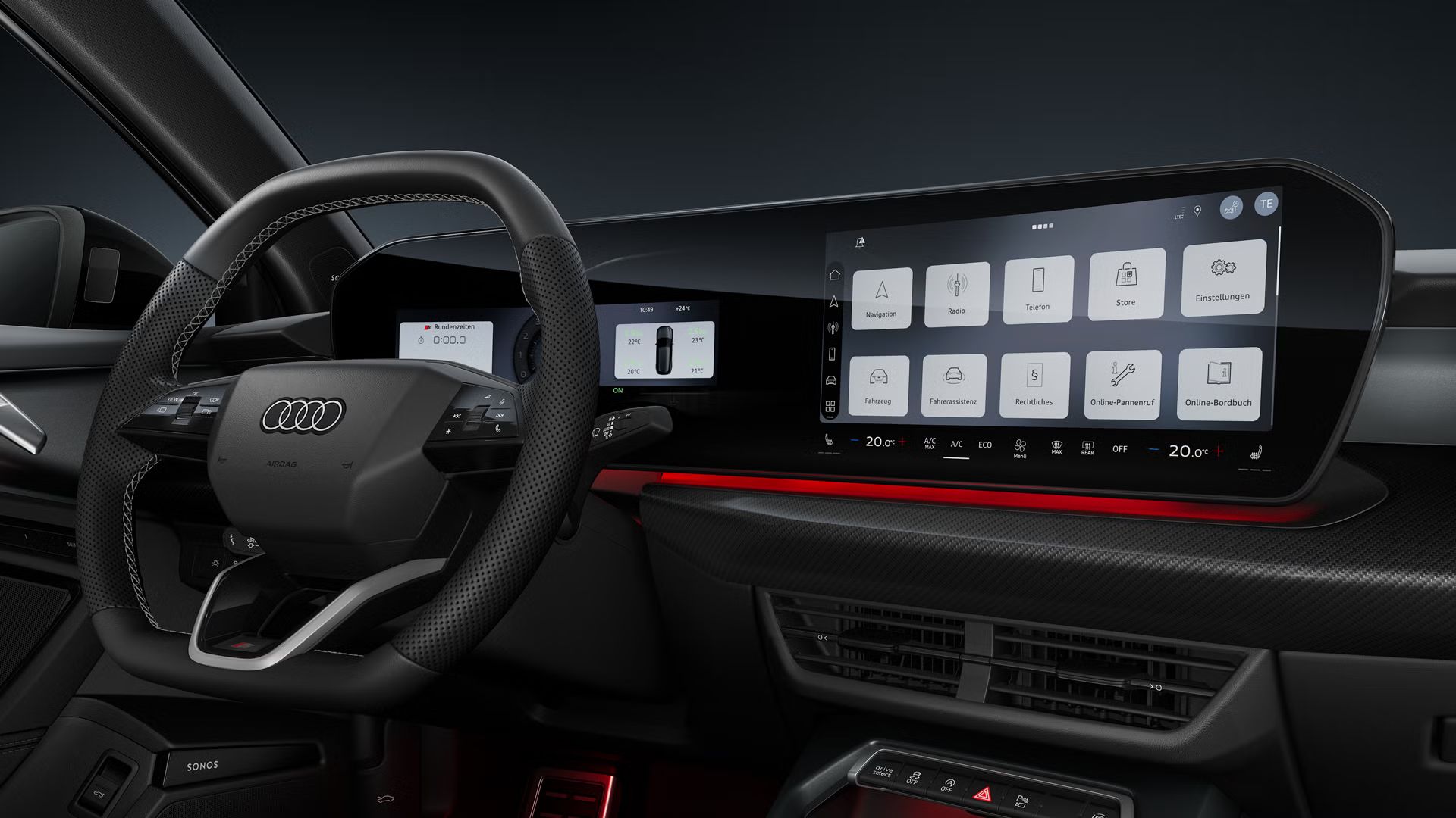 Blick auf das Cockpit mit Fokus auf das Sportlederlenkrad und das geschwungene Panoramadisplay.