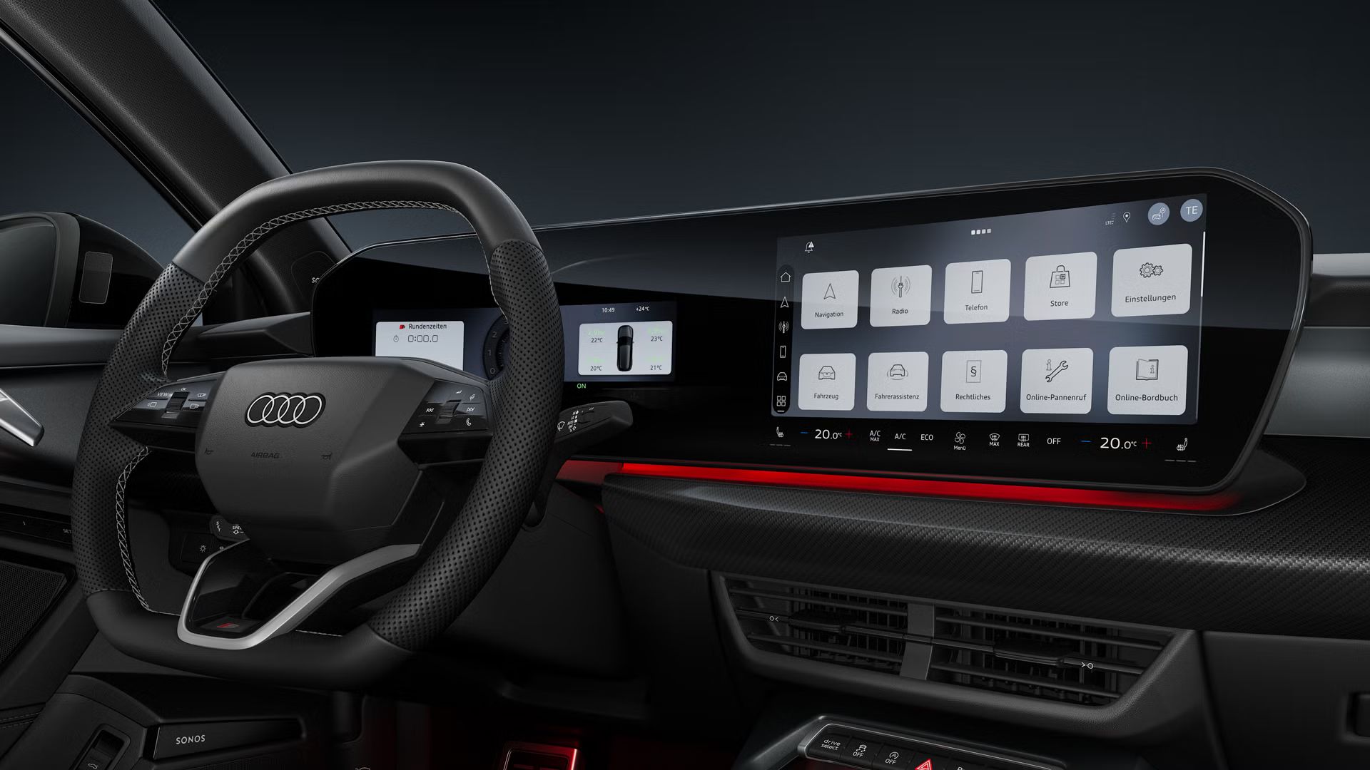 Blick auf das Cockpit mit Fokus auf das Sportlederlenkrad und das geschwungene Panoramadisplay.